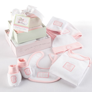 "Patty Cake" Six-Piece Layette Set in Keepsake Gift Box Tower  (Pink) wedding favors