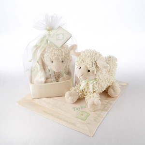 "Love Ewe" Plush Lamb and Lovie Gift Set in Organza-and-Satin Drawstring Bag wedding favors