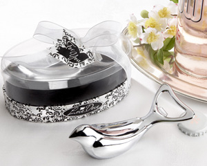 The "Love Dove" Chrome Bottle Opener in Elegant, Oval Showcase Giftbox wedding favors