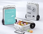 "Miles of Memories" Suitcase Favor Tins with Optional Personalized Labels baby favors