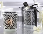 "Damask Traditions" Frosted Glass Tea Light Holder with our Signature Charm baby favors