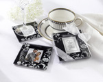 "Timeless Traditions" Elegant Black & White Glass Photo Coasters baby favors
